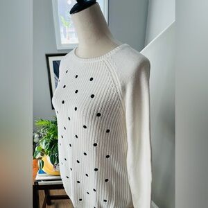 STYLE & CO. Sweater “Crew” Neck Pullover Knit White w Black  Velvet Polka Dots